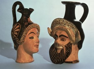 オイノコエの壺、おそらくアテネ、LtoR Maenad、オックスフォードクラスのクラスE名の花瓶とサテュール、チェアリートクラスのクラスP、紀元前500〜450年（多色陶器）